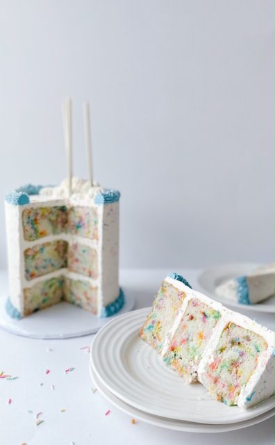 funfetti cake with a slice cut out