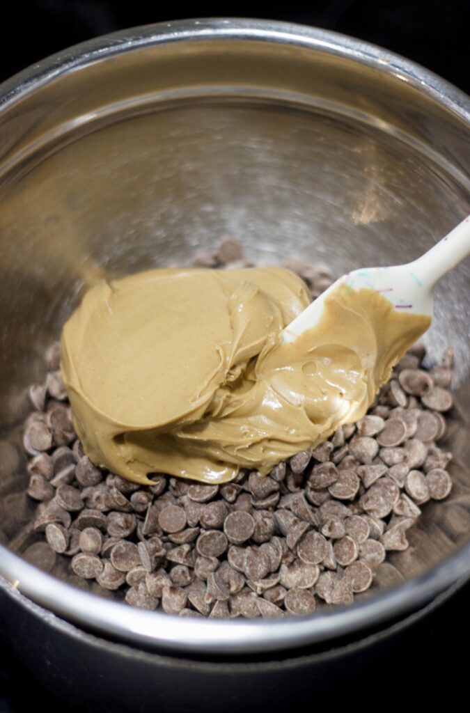 chocolate chips and peanut butter in a bowl