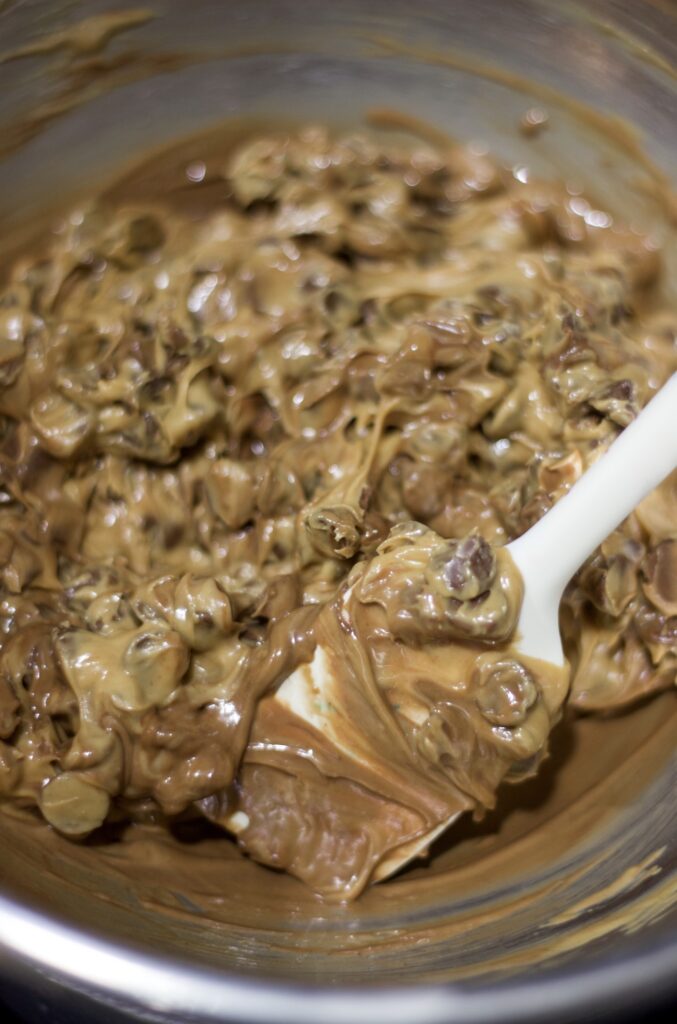 chocolate chips and peanut butter melting