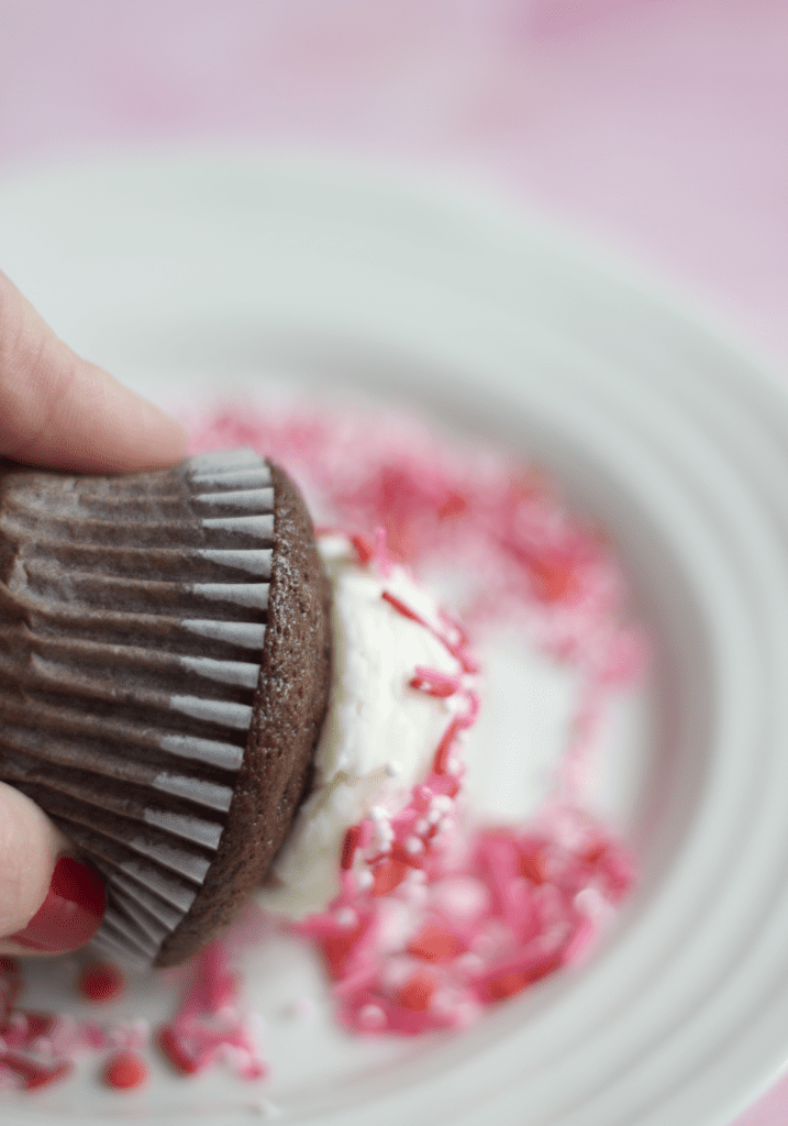 valentine cupcake dipped in sprinkles
