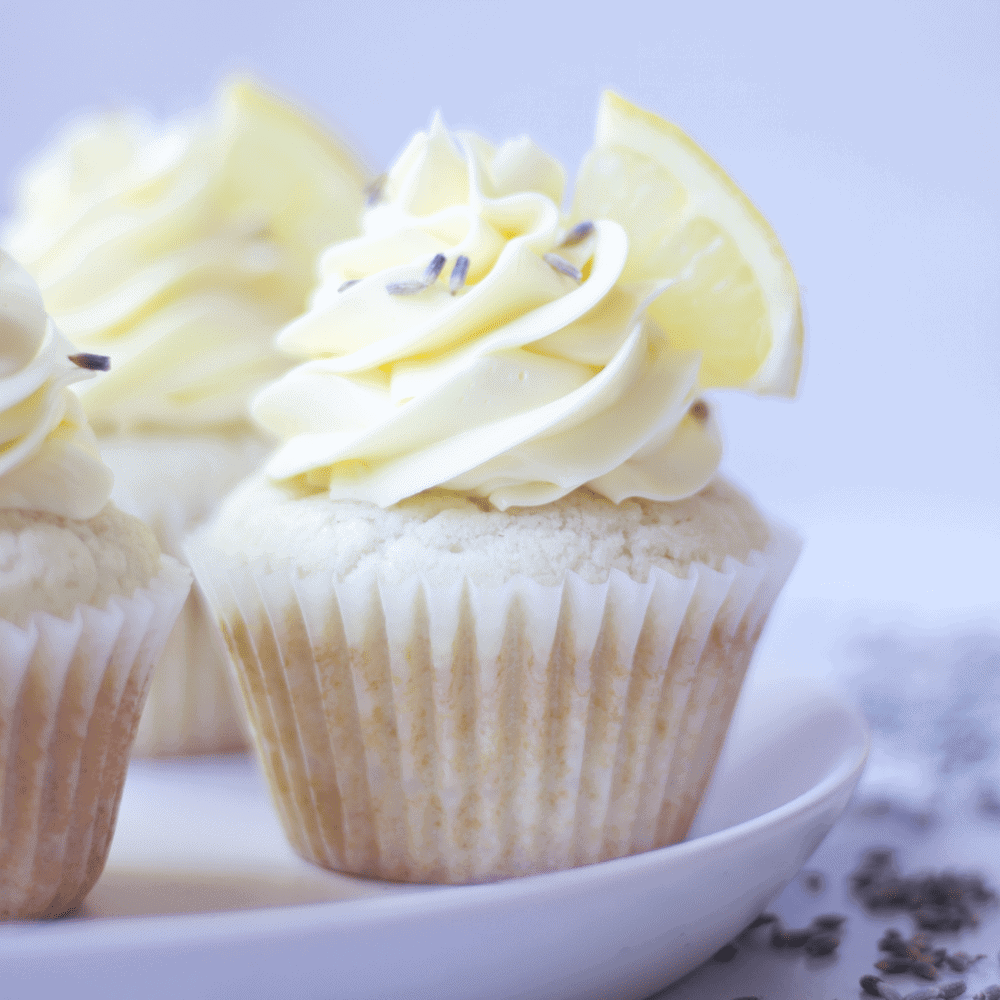 lavender lemon cupcakes on a plate