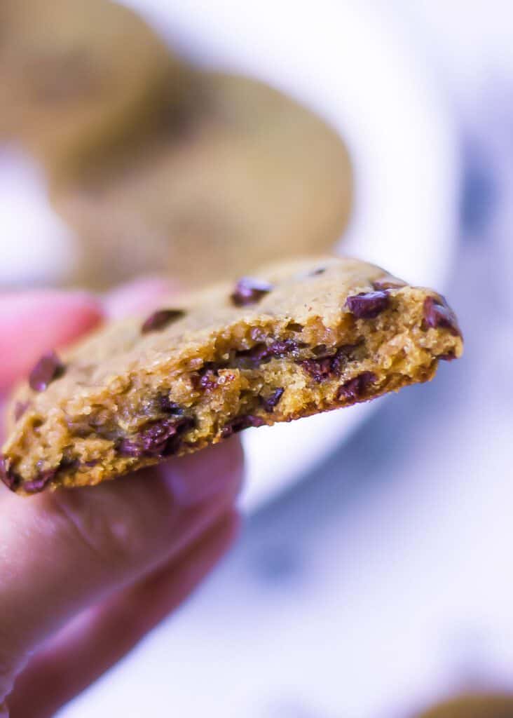 Side view of a half-eaten Chocolate Chip Pumpkin Cookie.