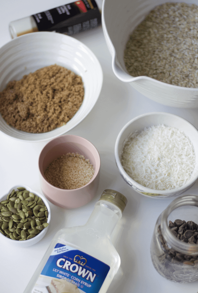 ingredients in bowls for granola bars