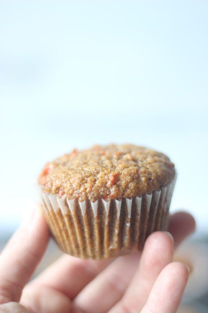 a person holding an unfrosted carrot cupcake