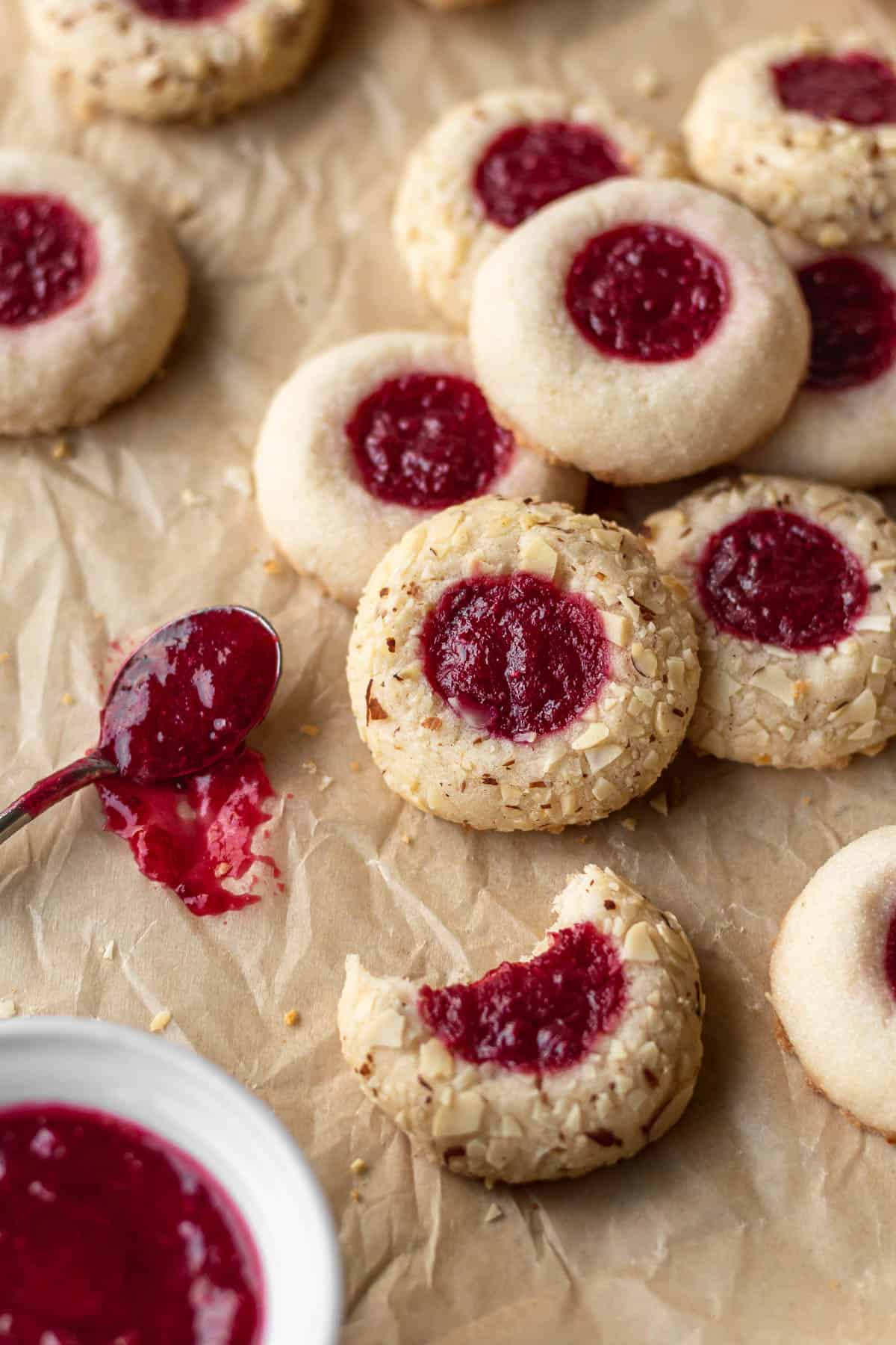 vegan gluten free thumbprint cookies on a pan