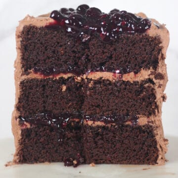 chocolate cake with blueberry compote cut open