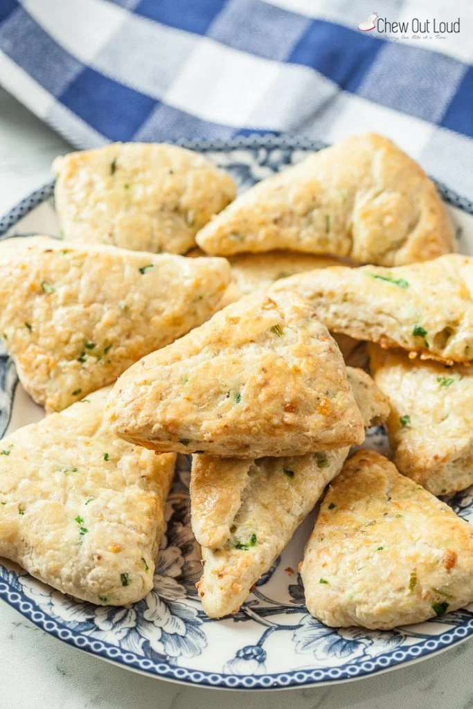 cheddar chive scones on a plate