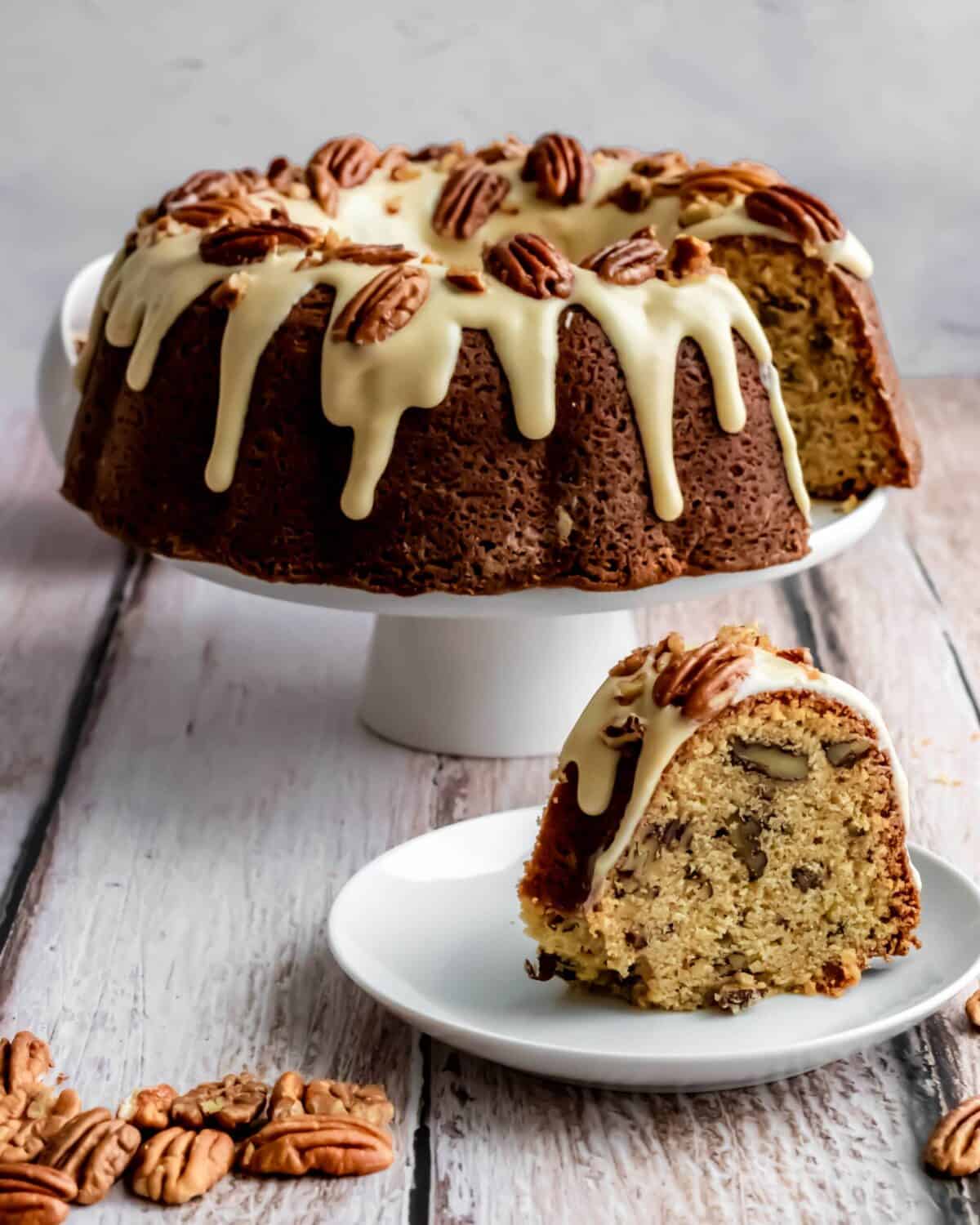 pecan bundt cake with slice cut out
