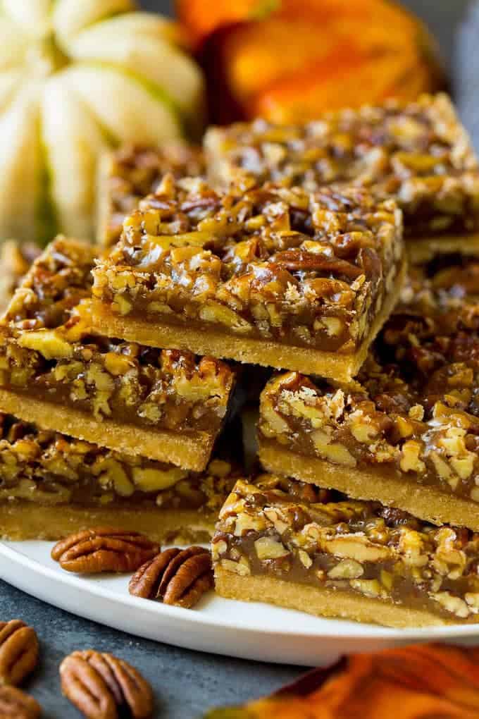 pecan pie bars cut and stacked