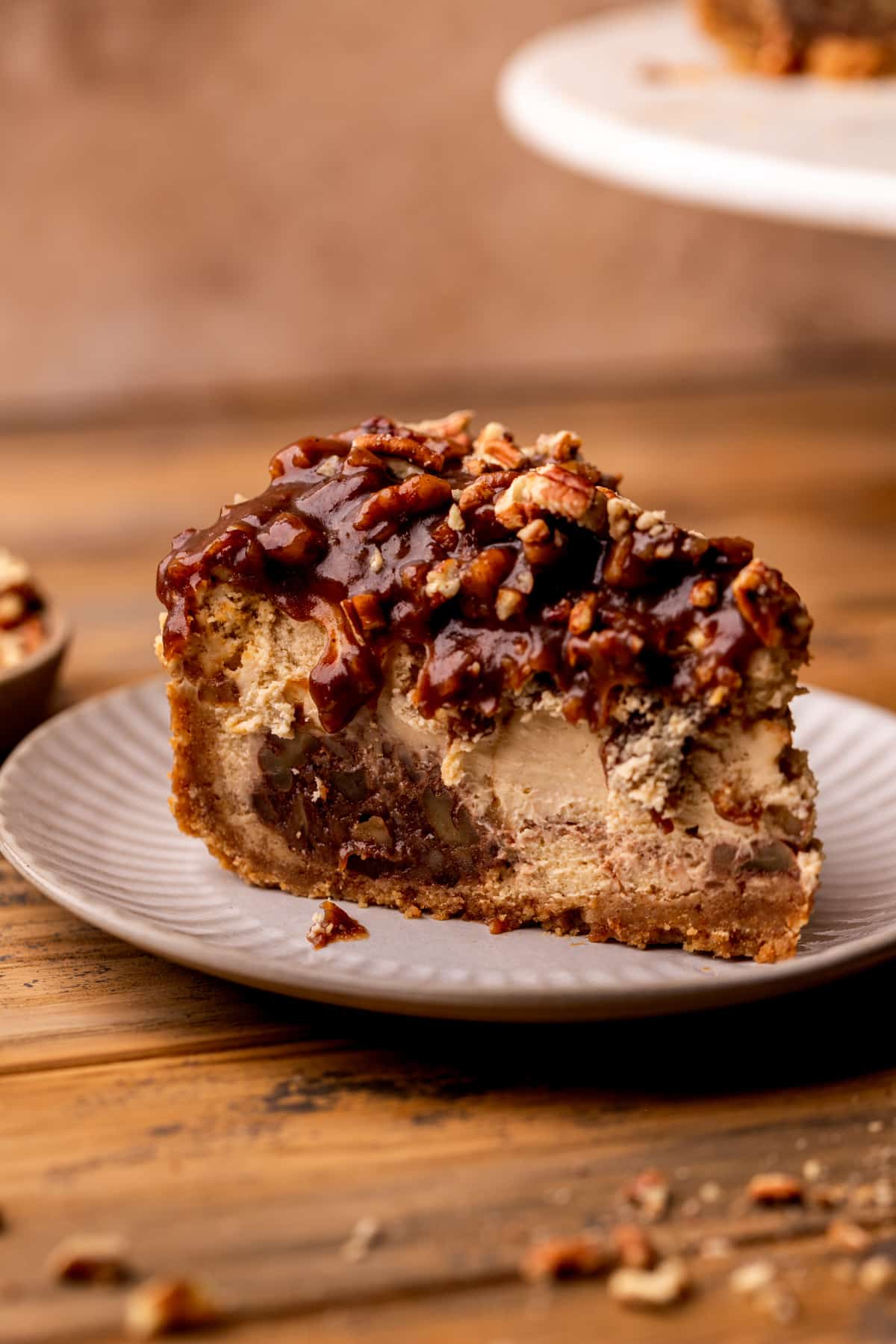 pecan pie cheesecake on a plate