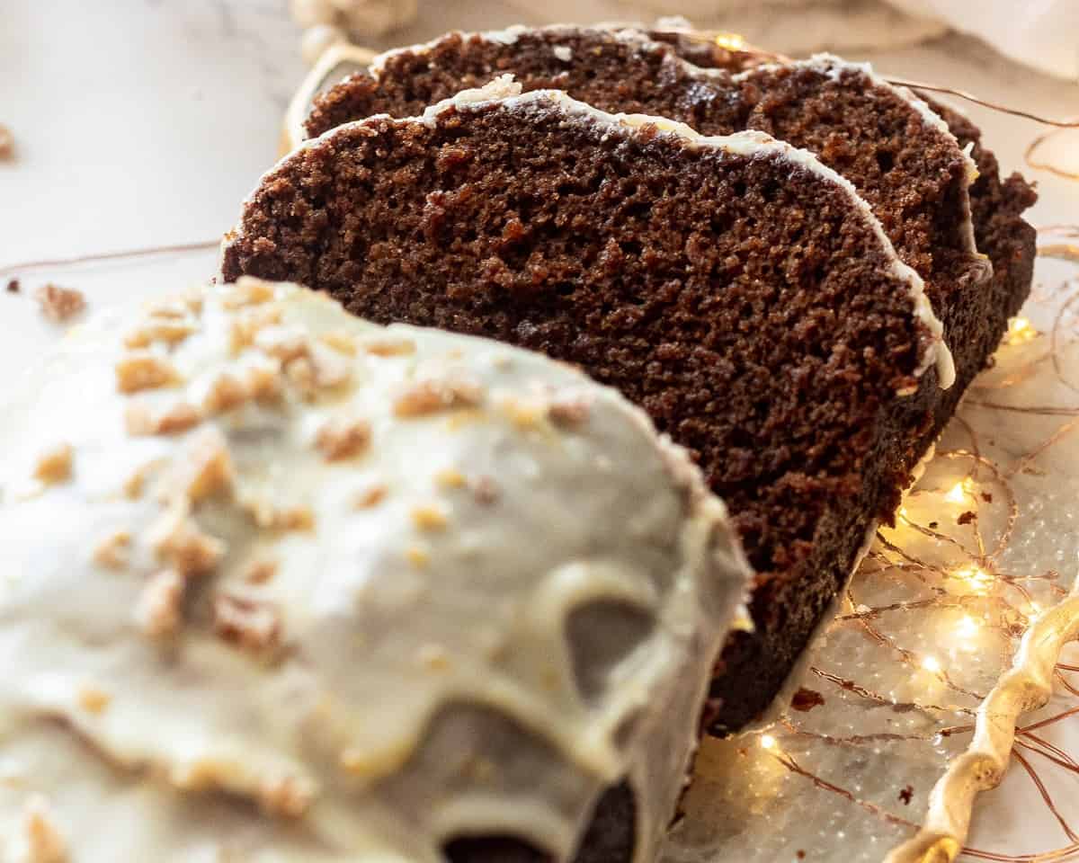 vegan gingerbread cake with slices cut out