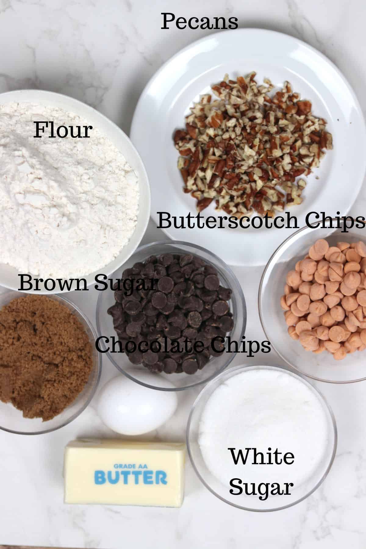 ingredients needed to make butterscotch and chocolate chip cookies