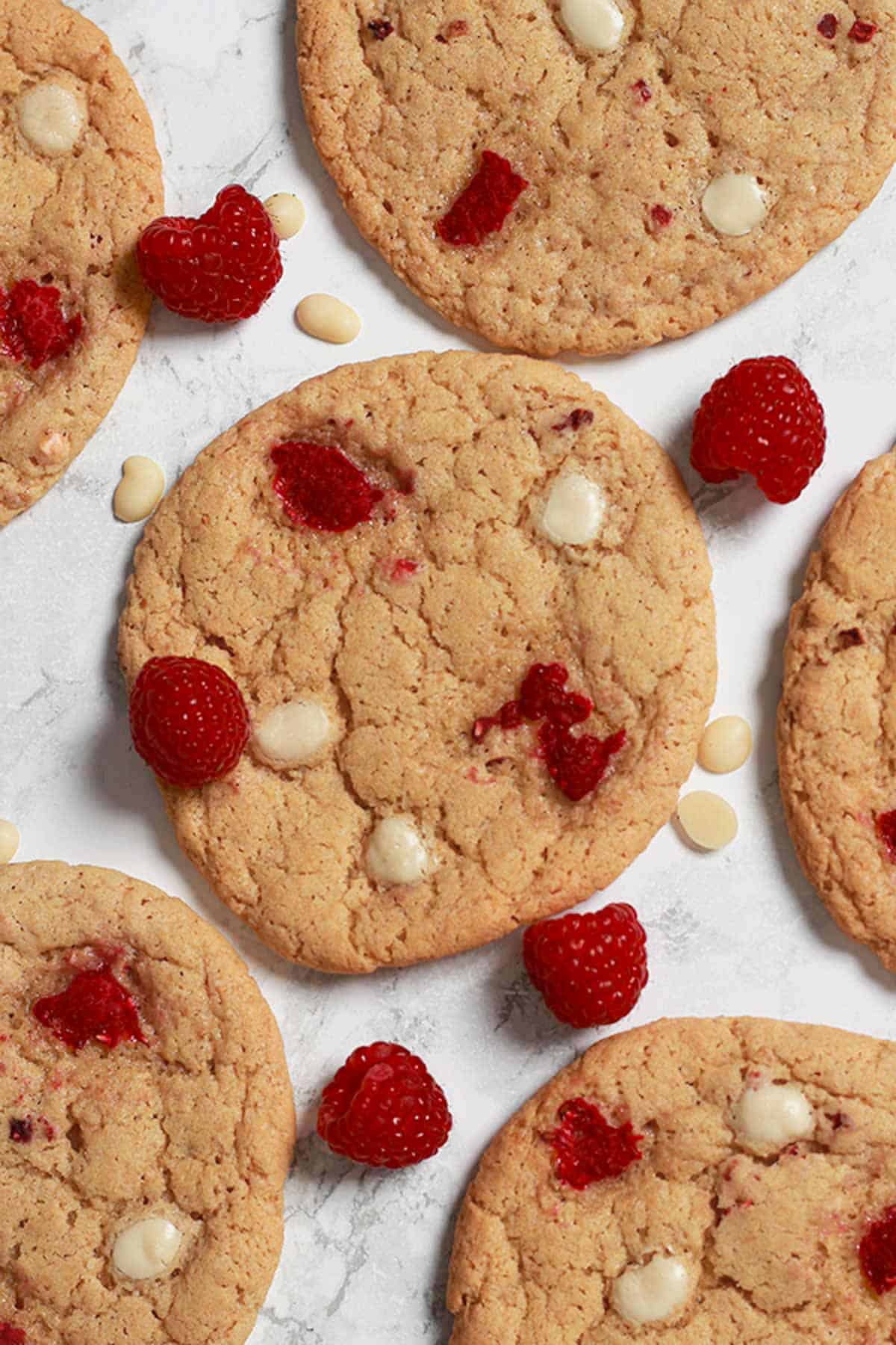 white chocolate raspberry cookies on a counter