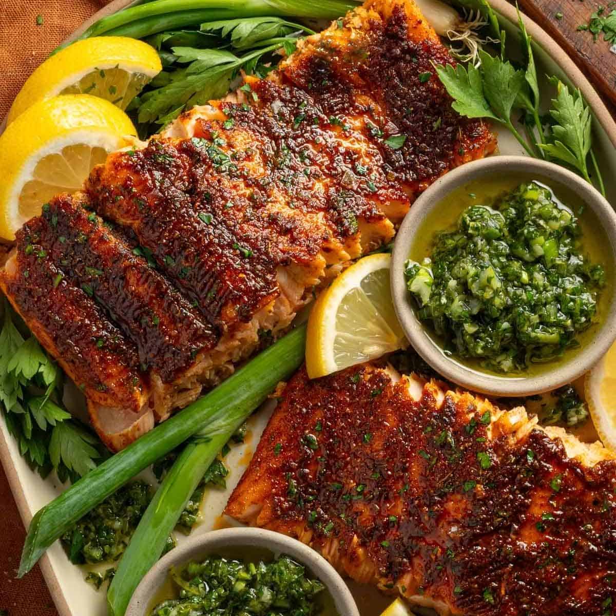 oven baked salmon on a plate with herbs