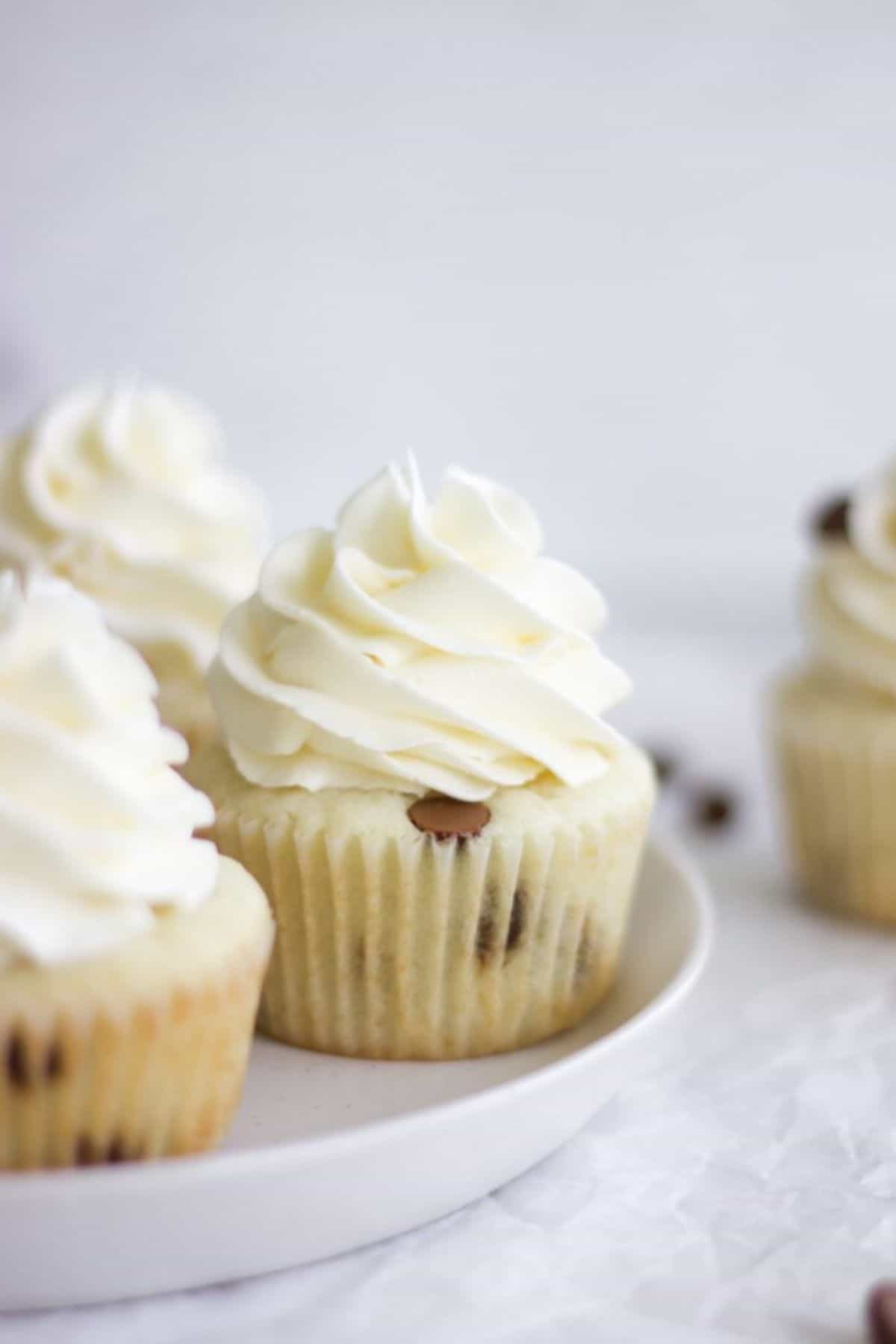 close up image of chocolate chip cupcakes on a plate