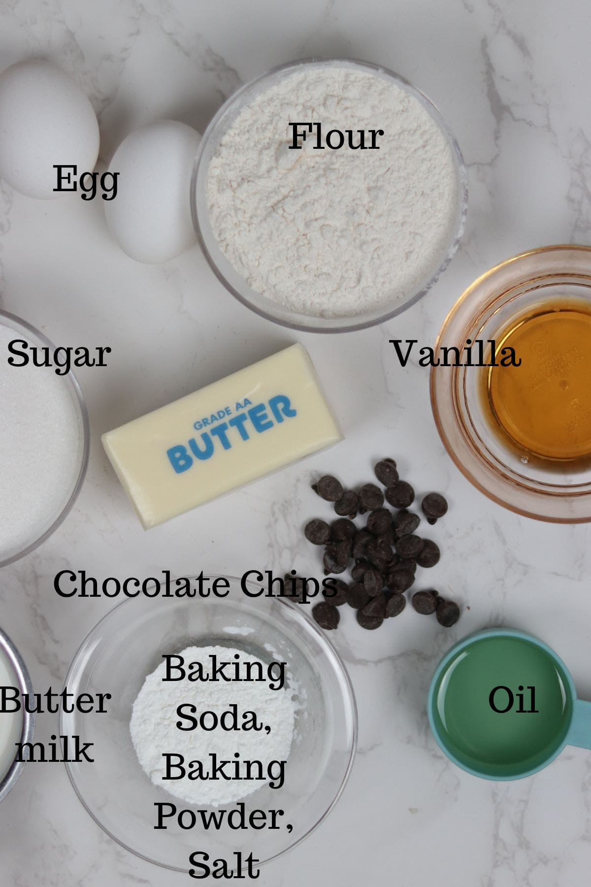 image of ingredients needed to make chocolate chip cupcakes
