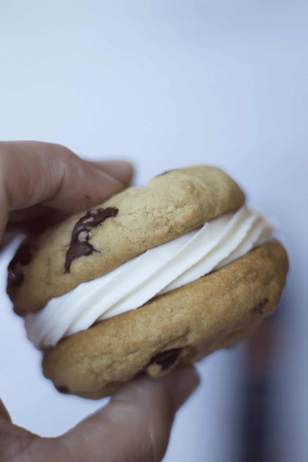 holding a cookie sandwich in a hand