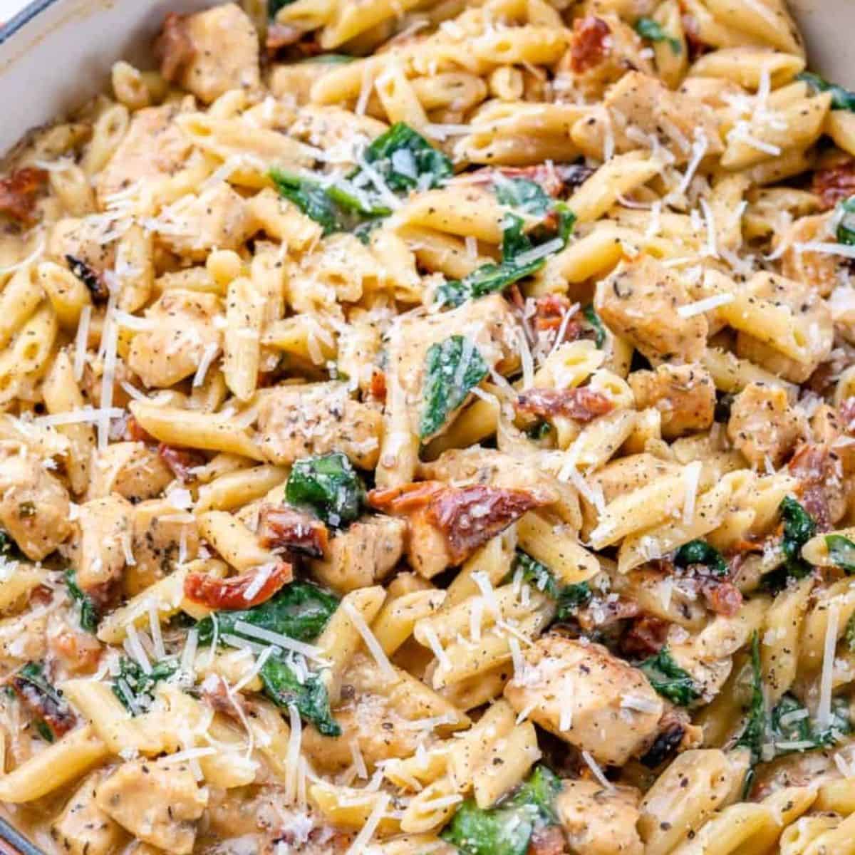 tuscan chicken pasta in a pot