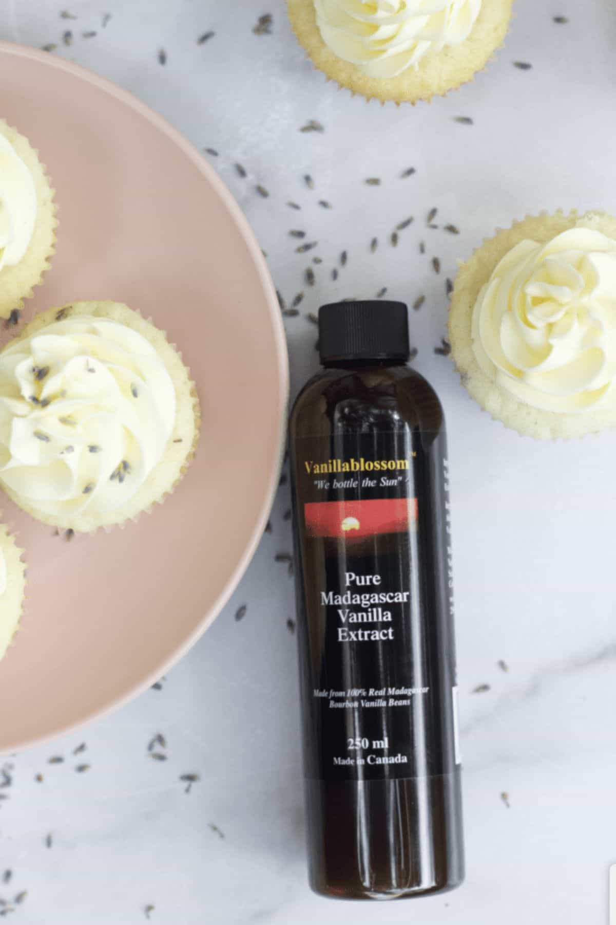 top view of lemon lavender cupcakes with vanilla extract bottle 