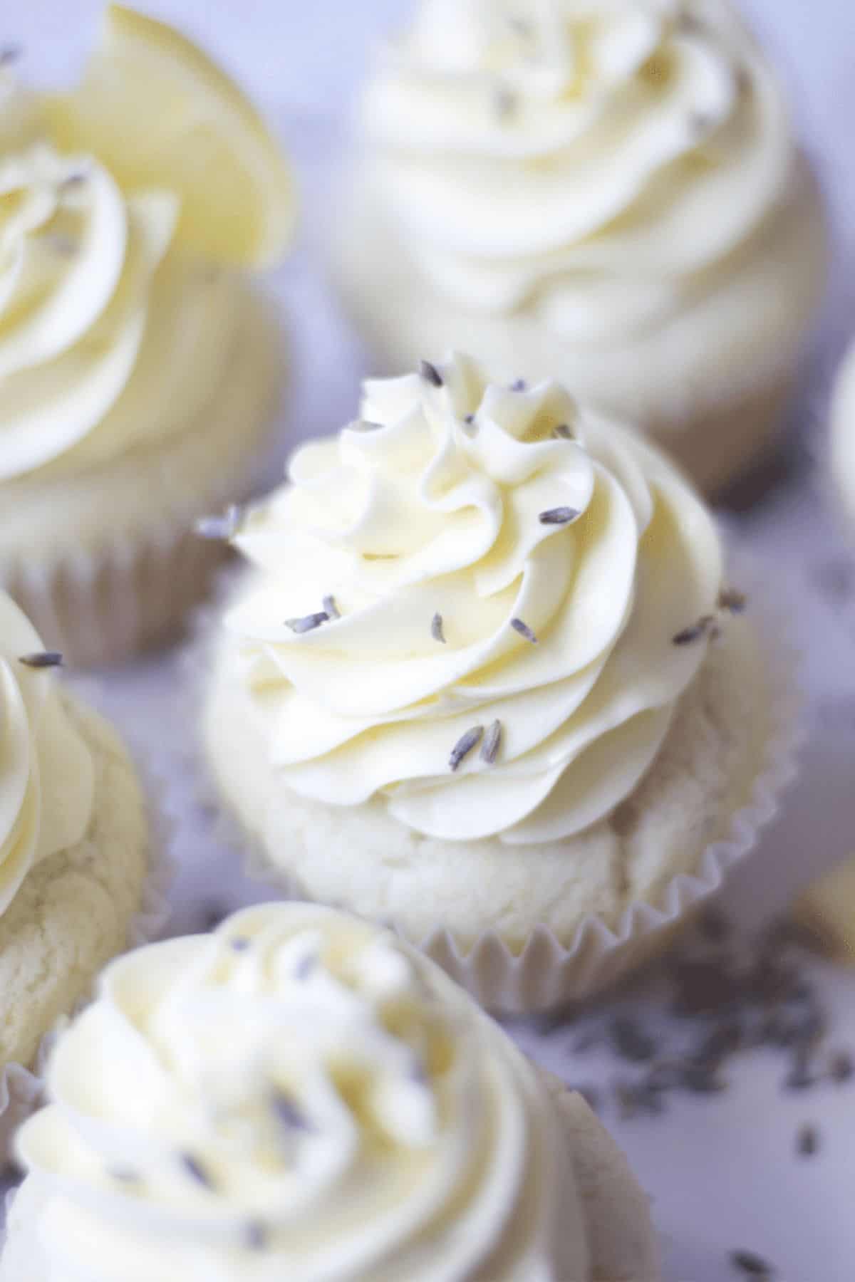 closeup of lavender lemon cupcake frosting