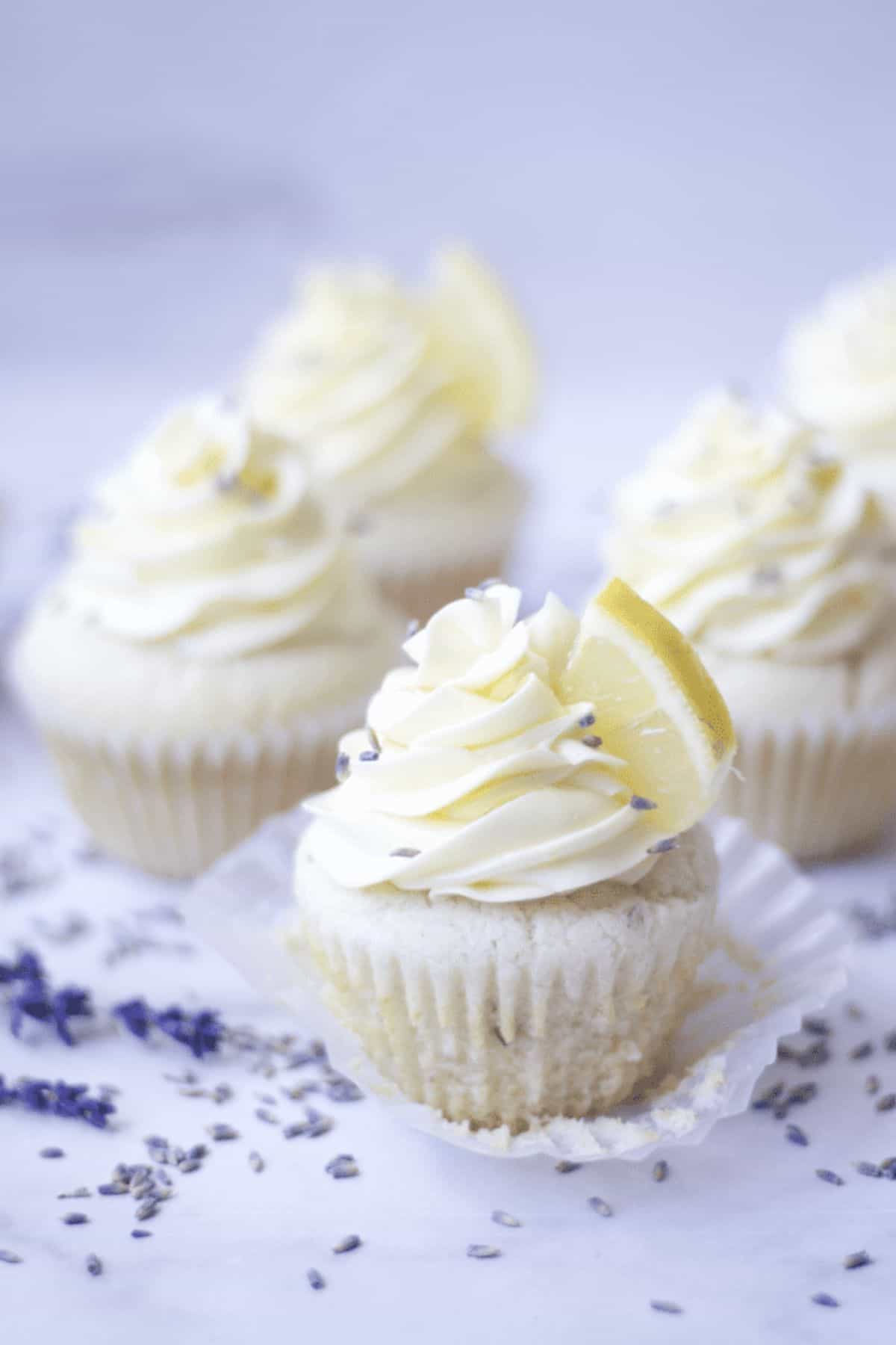 lavender lemon cupcakes with wrapper taken off