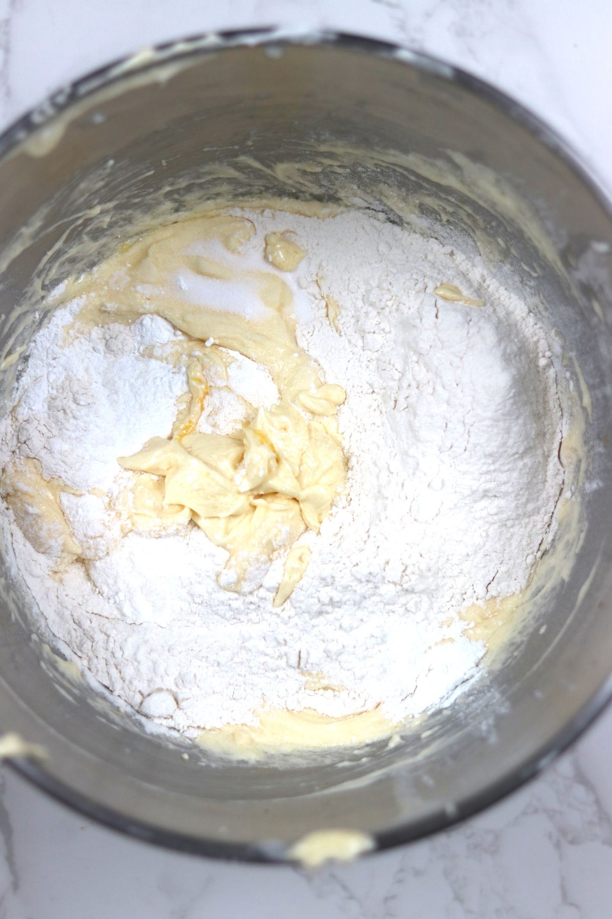 dry ingredients added to the vanilla tray bake batter